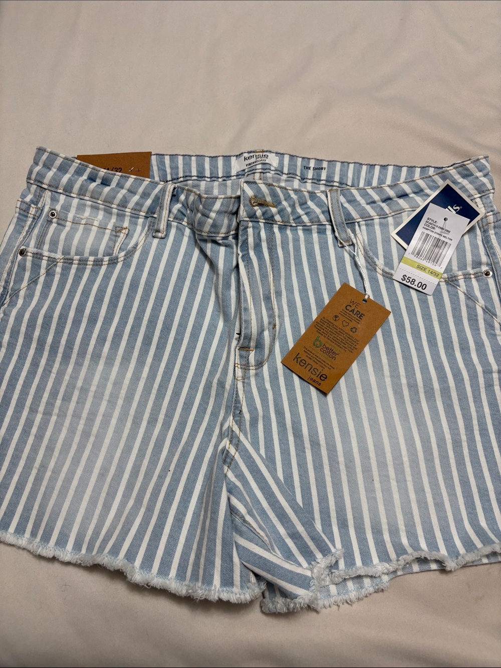 Kensie Light Blue & White Striped High-Rise Denim Shorts